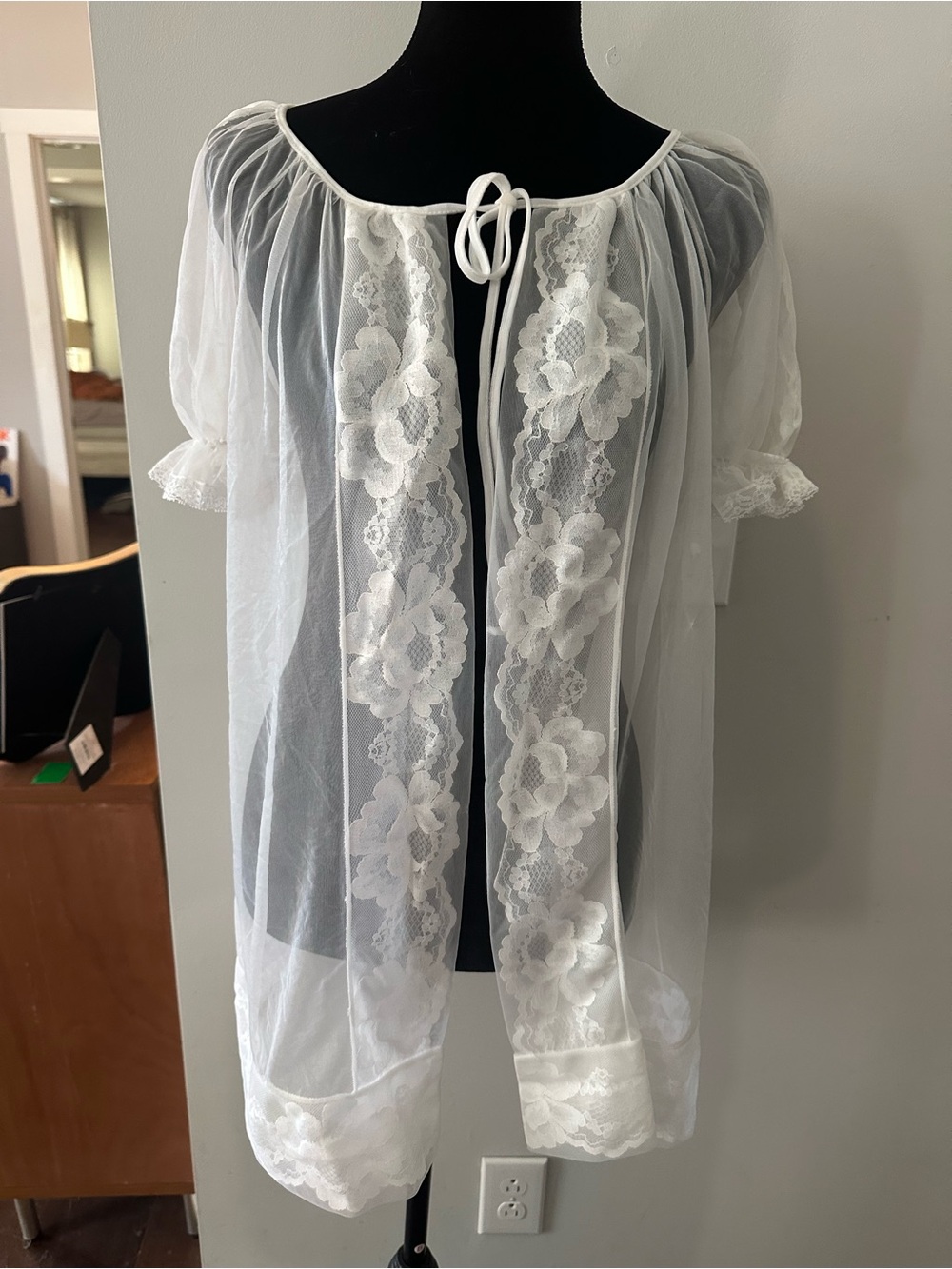 60’s Movie Star Sheer White Lace Peignoir Robe with Floral Trim